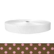 1-1/2 Inch Utility Polyester Webbing Polka Dots: Pink on Brown